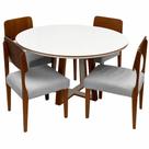 Mesa de Jantar Atlanta 100cm Redonda com Vidro e 4 Cadeiras Barcelona em Linho Madeira Minas Plac Cor Cinamomo Off White com Tecido Cinza