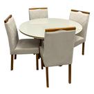 Mesa de Jantar Atlanta 100cm Redonda com Vidro e 4 Cadeiras California em Linho Estofadas Minas Plac Cor Cinamomo Off White com Tecido Bege