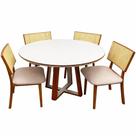 Mesa de Jantar Atlanta 100cm Redonda com Vidro e 4 Cadeiras Diamante em Linho Madeira Minas Plac Cor Cinamomo Off White com Tecido Bege