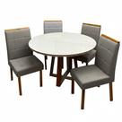 Mesa de Jantar Atlanta 100cm Redonda com Vidro e 4 Cadeiras Giulia em Veludo Estofadas Minas Plac Cor Cinamomo Off White com Tecido Cinza