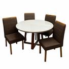 Mesa de Jantar Atlanta 100cm Redonda com Vidro e 4 Cadeiras Giulia em Veludo Estofadas Minas Plac Cor Cinamomo Off White com Tecido Marrom