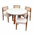 Mesa de Jantar Atlanta 100cm Redonda com Vidro e 4 Cadeiras Grecia em Linho Madeira Minas Plac Cor Cinamomo Off White com Tecido Bege