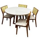 Mesa de Jantar Atlanta 100cm Redonda com Vidro e 4 Cadeiras Livia em Linho Madeira Minas Plac Cor Cinamomo Off White com Tecido Bege