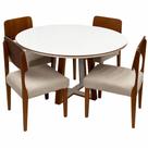 Mesa de Jantar Atlanta 120cm Redonda com Vidro e 4 Cadeiras Barcelona em Linho Madeira Minas Plac Cor Cinamomo Off White com Tecido Bege