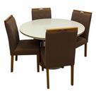 Mesa de Jantar Atlanta 120cm Redonda com Vidro e 4 Cadeiras California em Veludo Estofadas Minas Plac Cor Cinamomo Off White com Tecido Marrom