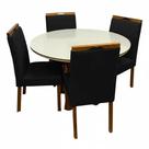 Mesa de Jantar Atlanta 120cm Redonda com Vidro e 4 Cadeiras California em Veludo Estofadas Minas Plac Cor Cinamomo Off White com Tecido Preto
