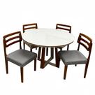 Mesa de Jantar Atlanta 120cm Redonda com Vidro e 4 Cadeiras Turquia em Linho Madeira Minas Plac Cor Cinamomo Off White com Tecido Cinza