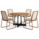 Mesa de Jantar Atria Redonda com 4 Cadeiras Wood 1751 em Aço e Mdf Tecido Linho Carraro Cor Preto Nogal com Tecido Areia