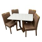 Mesa de Jantar Bali 120x80cm com Vidro e 4 Cadeiras California em Veludo Estofadas Minas Plac Cor Cinamomo Off White com Tecido Marrom
