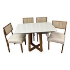 Mesa de Jantar Bali 120x80cm com Vidro e 4 Cadeiras Grecia em Linho Madeira Minas Plac Cor Cinamomo Off White com Tecido Bege