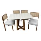 Mesa de Jantar Bali 120x80cm com Vidro e 4 Cadeiras Grecia em Linho Madeira Minas Plac Cor Cinamomo Off White com Tecido Cinza