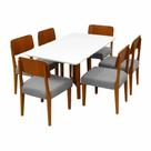 Mesa de Jantar Bali 160x80cm com Vidro e 6 Cadeiras Barcelona em Linho Madeira Minas Plac Cor Cinamomo Off White com Tecido Cinza