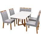 Mesa de Jantar Bali 160x80cm com Vidro e 6 Cadeiras California em Linho Estofadas Minas Plac Cor Cinamomo Off White com Tecido Cinza
