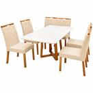 Mesa de Jantar Bali 160x80cm com Vidro e 6 Cadeiras California em Veludo Estofadas Minas Plac Cor Cinamomo Off White com Tecido Bege