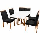 Mesa de Jantar Bali 160x80cm com Vidro e 6 Cadeiras California em Veludo Estofadas Minas Plac Cor Cinamomo Off White com Tecido Preto