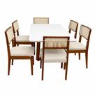 Mesa de Jantar Bali 160x80cm com Vidro e 6 Cadeiras Canada em Linho Madeira Minas Plac Cor Cinamomo Off White com Tecido Bege