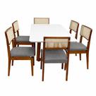 Mesa de Jantar Bali 160x80cm com Vidro e 6 Cadeiras Canada em Linho Madeira Minas Plac Cor Cinamomo Off White com Tecido Cinza