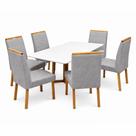 Mesa de Jantar Bali 160x80cm com Vidro e 6 Cadeiras Giulia em Veludo Estofadas Minas Plac Cor Cinamomo Off White com Tecido Cinza