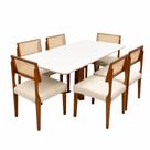 Mesa de Jantar Bali 160x80cm com Vidro e 6 Cadeiras Grecia em Linho Madeira Minas Plac Cor Cinamomo Off White com Tecido Bege Mesa de Jantar Bali 160x80cm com Vidro e 6 Cadeiras Grecia em Linho Madeira Minas Plac Cor Cinamomo Off White com Tecido Bege