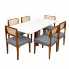 Mesa de Jantar Bali 160x80cm com Vidro e 6 Cadeiras Grecia em Linho Madeira Minas Plac Cor Cinamomo Off White com Tecido Cinza