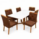 Mesa de Jantar Bali 160x80cm com Vidro e 6 Cadeiras Jasmim em Veludo Estofadas Minas Plac Cor Cinamomo Off White com Tecido Marrom