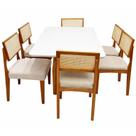 Mesa de Jantar Bali 160x80cm com Vidro e 6 Cadeiras Monalisa em Linho Madeira Minas Plac Cor Cinamomo Off White com Tecido Bege