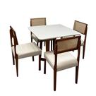 Mesa de Jantar Bali 90x90cm com Vidro e 4 Cadeiras Grecia em Linho Madeira Minas Plac Cor Cinamomo Off White com Tecido Bege