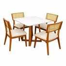 Mesa de Jantar Bali 90x90cm com Vidro e 4 Cadeiras Livia em Linho Madeira Minas Plac Cor Cinamomo Off White com Tecido Bege