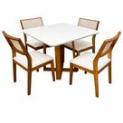 Mesa de Jantar Bali 90x90cm com Vidro e 4 Cadeiras Oiti em Linho Madeira Minas Plac Cor Cinamomo Off White com Tecido Bege