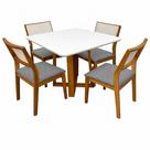 Mesa de Jantar Bali 90x90cm com Vidro e 4 Cadeiras Oiti em Linho Madeira Minas Plac Cor Cinamomo Off White com Tecido Cinza
