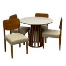 Mesa de Jantar Berlim 100cm Redonda com Vidro e 4 Cadeiras Barcelona em Linho Madeira Cel Móveis Cor Cinamomo Off White com Tecido Bege