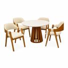 Mesa de Jantar Berlim 100cm Redonda com Vidro e 4 Cadeiras Perola em Linho Madeira Cel Móveis Cor Cinamomo Off White com Tecido Bege
