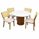 Mesa de Jantar Dara 110cm Redonda com Vidro e 4 Cadeiras Diamante em Linho Madeira Lj Móveis Cor Cinamomo Off White com Tecido Bege
