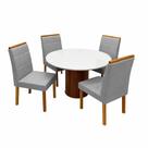 Mesa de Jantar Dara 110cm Redonda com Vidro e 4 Cadeiras Giulia em Linho Estofadas Lj Móveis Cor Cinamomo Off White com Tecido Cinza