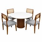 Mesa de Jantar Dara 110cm Redonda com Vidro e 4 Cadeiras Grecia em Linho Madeira Lj Móveis Cor Cinamomo Off White com Tecido Cinza