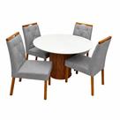 Mesa de Jantar Dara 110cm Redonda com Vidro e 4 Cadeiras Jasmim em Veludo Estofadas Lj Móveis Cor Cinamomo Off White com Tecido Cinza