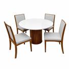 Mesa de Jantar Dara 110cm Redonda com Vidro e 4 Cadeiras Lara Kappesberg em Linho Madeira Lj Móveis Cor Cinamomo Off White com Tecido Cinza
