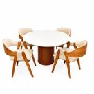 Mesa de Jantar Dara 110cm Redonda com Vidro e 4 Cadeiras Perola em Linho Madeira Lj Móveis Cor Cinamomo Off White com Tecido Bege
