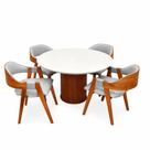 Mesa de Jantar Dara 110cm Redonda com Vidro e 4 Cadeiras Perola em Linho Madeira Lj Móveis Cor Cinamomo Off White com Tecido Cinza