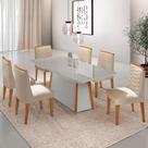 Mesa De Jantar Diane 180cm Mdf Vidro Com 6 Cadeiras Moderna Veludo Creme Off White Naturale Serigrafia
