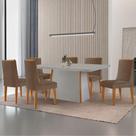 Mesa De Jantar Diane 180cm Tampo Mdf Vidro 6 Cadeiras Lisboa Moderna Veludo Capuccino Off White Naturale Serigrafia
