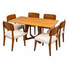 Mesa de Jantar Dubai Flex 160x80cm Sem Vidro e 6 Cadeiras Barcelona em Linho Madeira Cel Móveis Cor Cinamomo com Tecido Bege