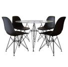 Mesa de Jantar Eames Eiffel de Ferro Preto Tampo Redondo Vidro 110cm com 4 Cadeiras Pretas Mesa de Jantar Eames Eiffel de Ferro Preto Tampo Redondo Vidro 110cm com 4 Cadeiras Pretas