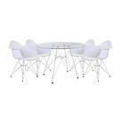 Mesa de Jantar Eames Eiffel Vidro Redonda 110cm com 4 Poltronas Brancas Ferro Branco