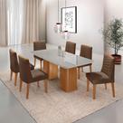 Mesa De Jantar Eloise Tampo Mdf Vidro Com 6 Cadeiras Moderna Veludo Marrom/off White/naturale