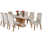 Mesa de Jantar Galak 200x90cm com 8 Cadeiras Iza Viero Cor Mel Off White com Assento Bege