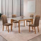 Mesa de Jantar Liz 4 Lugares Tampo MDF Vidro Cadeiras Veludo Off White 120cm Moderna