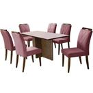 Mesa de Jantar Los Angeles 160x80cm em Linho com 6 Cadeiras California Minas Plac Cor Canela Off White com Tecido Rose