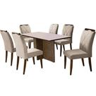 Mesa de Jantar Los Angeles 160x80cm em Veludo com 6 Cadeiras California Minas Plac Cor Canela Off White com Tecido Bege