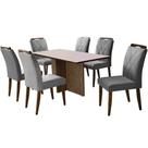 Mesa de Jantar Los Angeles 160x80cm em Veludo com 6 Cadeiras California Minas Plac Cor Canela Off White com Tecido Cinza